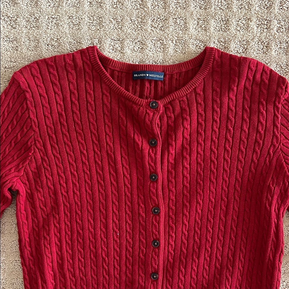Red Cable Knit Cardigan Sweater - Picture 2 of 2